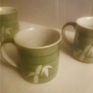 Vintage Otagiri Style Speckled Stoneware Mug Cup green Bamboo Design set of 3